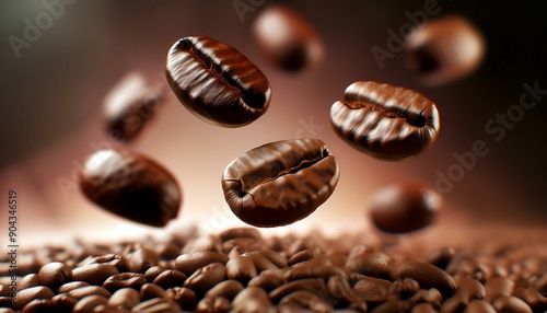 Roasted coffee beans falling on heap against brown