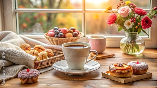 Wallpaper Mural Cozy breakfast in the country, coffee, sweet pastries, bouquet of flowers, sunrise, sunshine, countryside Torontodigital.ca