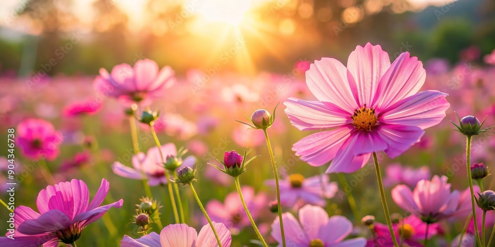 Pink Cosmos Flower Field at Sunset, flowers, sunset, field, bloom, nature Pink Cosmos Flower Field at Sunset, flowers, sunset, field, bloom, nature