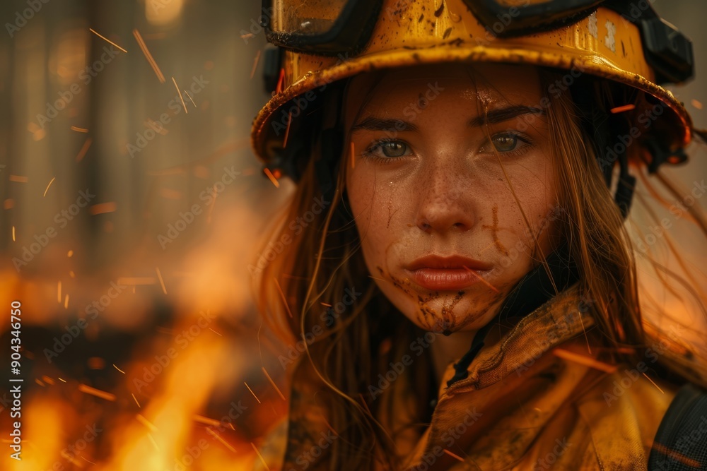 Female firefighter standing with wildfire burning in background Female firefighter standing with wildfire burning in background