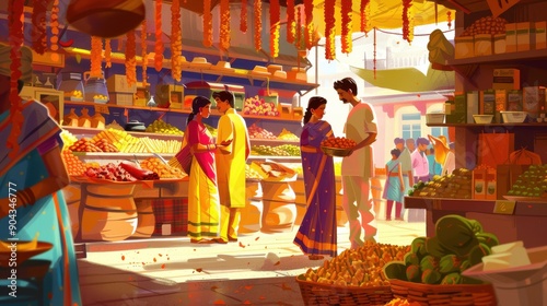 Indian family exploring a vibrant market and buying food