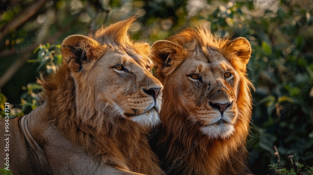 Fototapeta premium Two majestic lions resting together in the wild at sunset