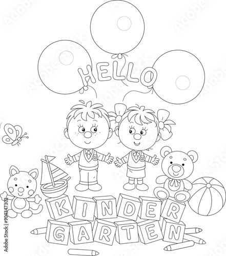 Hello kindergarten card with a funny little boy and girl among their toys going to nursery school, black and white outline vector cartoon illustration for a coloring book