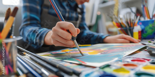 Vibrant Artistic Creativity in Action, Exploring Colorful Art Techniques in a Creative Studio, Child Drawing with Color bursh on Bright Desk photo