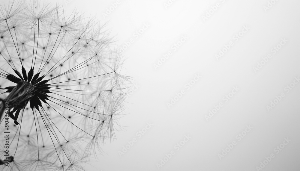 Obraz premium Black and white close-up of a delicate dandelion seed head, with intricate details against a minimalistic, plain background.