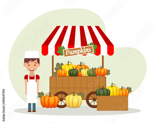 Street stall with autumn pumpkins and a cheerful seller. Thanksgiving Day greeting card, illustration, vector