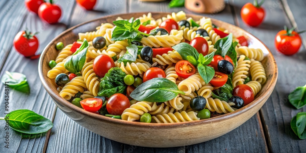 Rustic Wooden Bowl of Pasta Salad with Cherry Tomatoes, Basil, and Olives, pasta salad, Italian food, vegetarian, summer food Rustic Wooden Bowl of Pasta Salad with Cherry Tomatoes, Basil, and Olives, pasta salad, Italian food, vegetarian, summer food