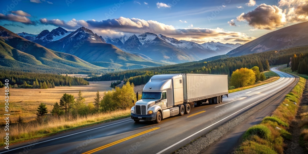 Semi-Truck on Mountain Highway at Sunset, digital painting, mountainous road, truck, transportation, mountain, sunset Semi-Truck on Mountain Highway at Sunset, digital painting, mountainous road, truck, transportation, mountain, sunset