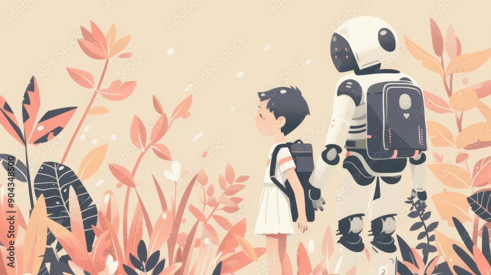 Fototapeta premium A Robot and a Child Journey Through a Lush Forest