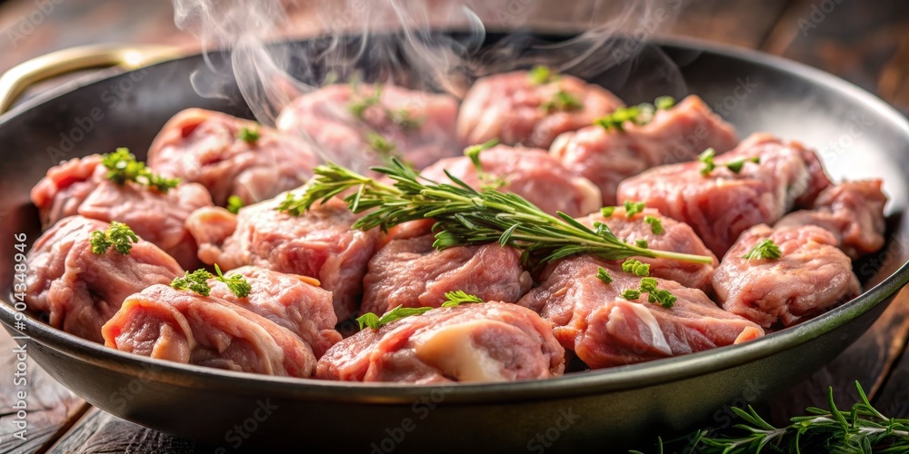 Steaming Fresh Meat Rolls in a Pan with Rosemary, Close-up, Food Photography, Meat, Rosemary, Pan, Steaming Steaming Fresh Meat Rolls in a Pan with Rosemary, Close-up, Food Photography, Meat, Rosemary, Pan, Steaming