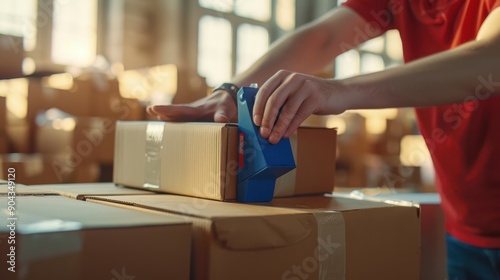 The hands sealing a box photo