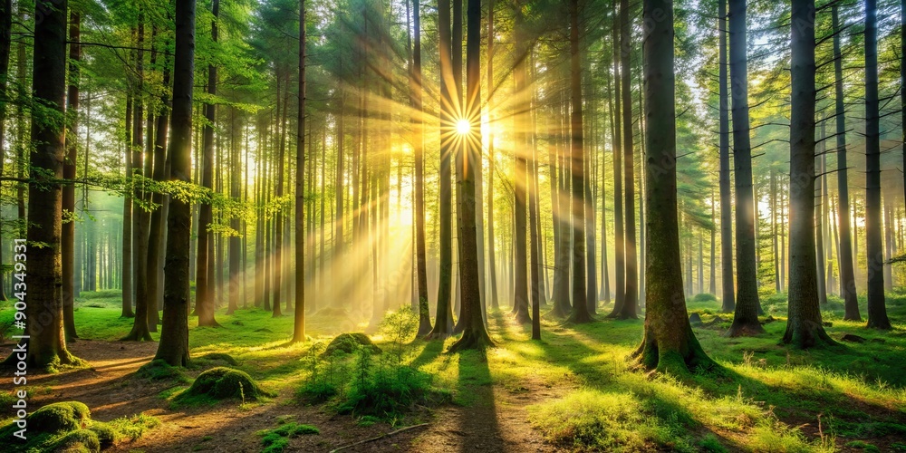 Sunlight Streaming Through Forest Trees, Wide Shot, Lush Greens, Golden Rays, Woodland Path, Forest, Nature
