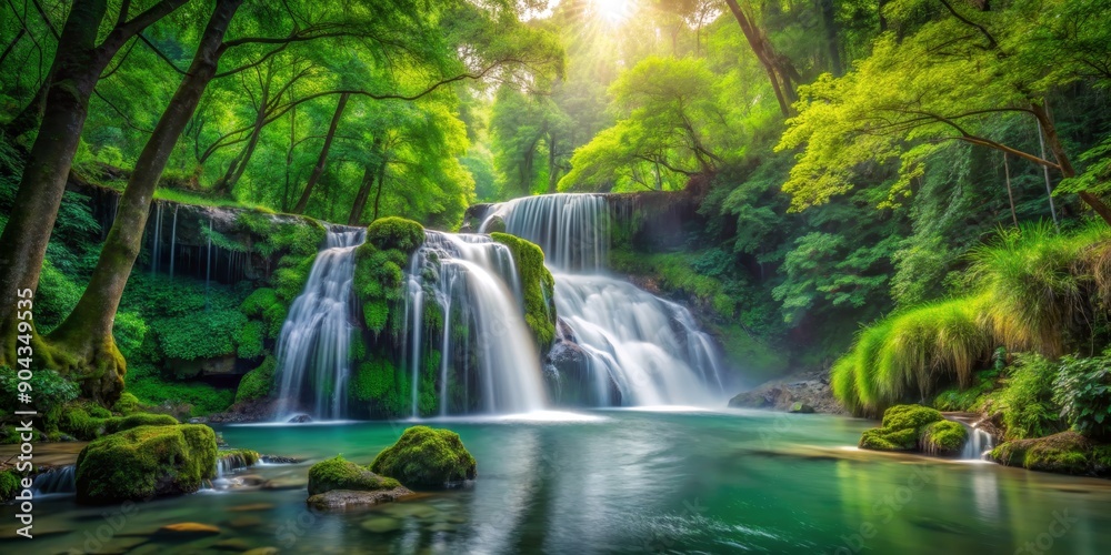 Sunlit Waterfall Cascading Through Lush Green Forest, nature, waterfall, forest, green Sunlit Waterfall Cascading Through Lush Green Forest, nature, waterfall, forest, green
