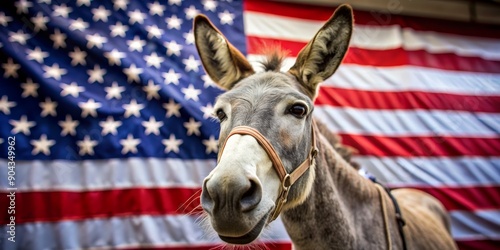 The American Donkey, Close-up of a Donkey in Front of an American Flag, Donkey Politics, Animal Portrait , donkey , american flag , political