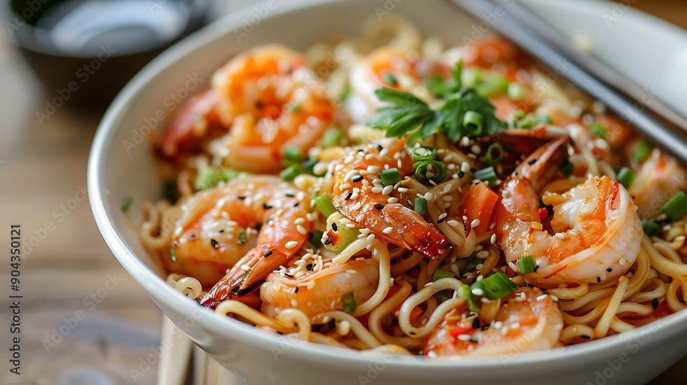 Spicy shrimp noodles on an antique table in a white dish