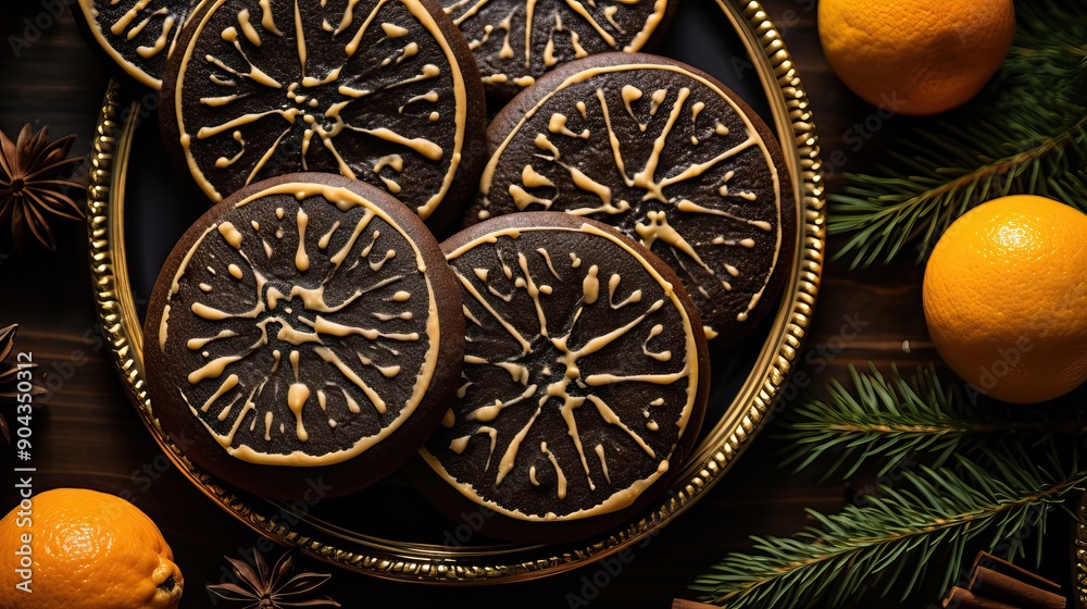 Fresh ginger cookies, spruce branches and citrus fruits on a dark background. Festive mood. Happy New Year concept Fresh ginger cookies, spruce branches and citrus fruits on a dark background. Festive mood. Happy New Year concept