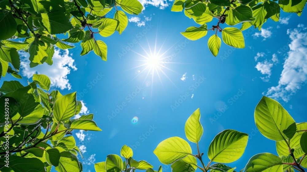 Bright sunlight illuminates fresh foliage under clear blue sky on a sunny day