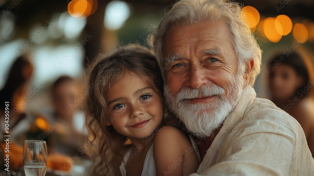 A happy old man with white hair and a beard, hugging his cute little daughter at the family dinner table during summer vacation in an expensive restaurant. People blurred in the background warm colors