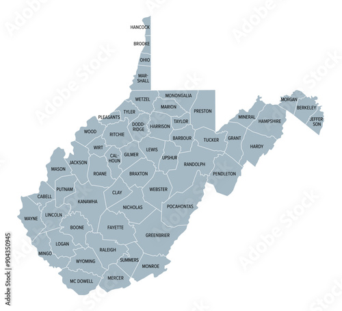 West Virginia counties, gray political map with borders and county names. Landlocked state in the Southeastern and Mid-Atlantic regions of the United States, subdivided into 55 counties. Illustration