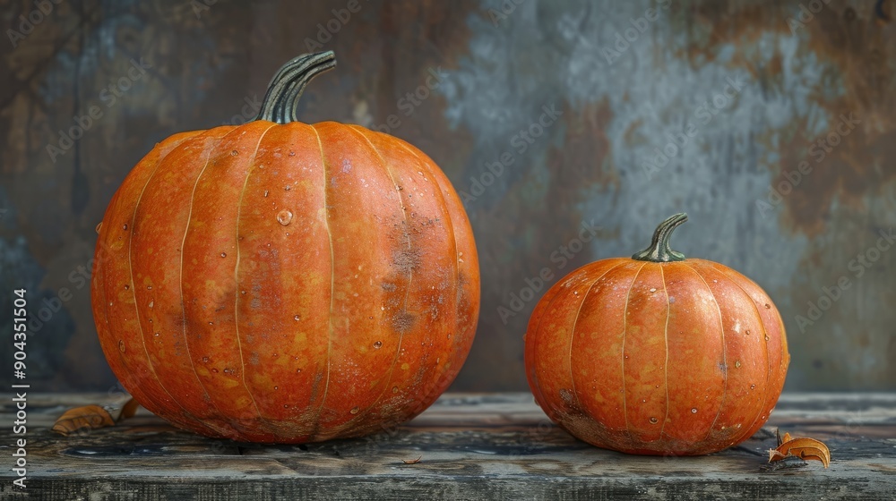 Two varied size pumpkins decoratively placed on wooden surface in autumn setting Two varied size pumpkins decoratively placed on wooden surface in autumn setting