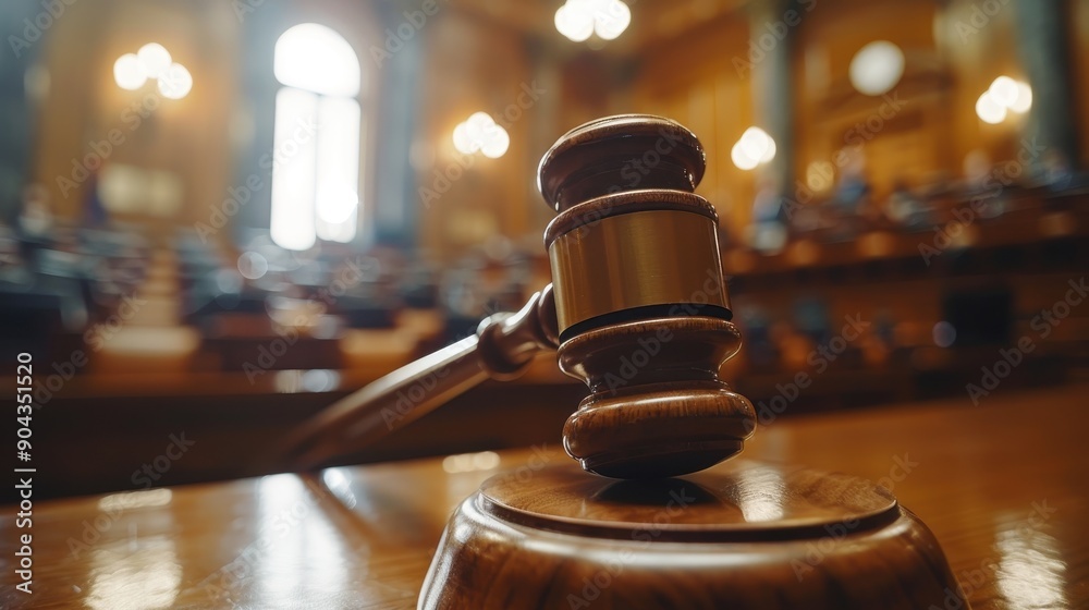 A wooden gavel sits on a wooden base. The gavel is a symbol of authority and power, often used by judges and lawyers in courtrooms. Concept of seriousness and formality A wooden gavel sits on a wooden base. The gavel is a symbol of authority and power, often used by judges and lawyers in courtrooms. Concept of seriousness and formality