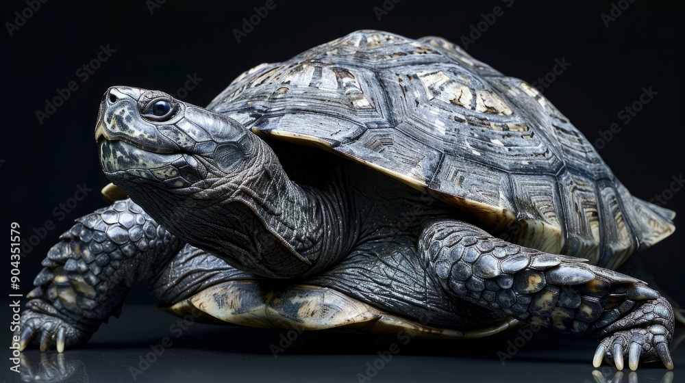 Gray shell turtle in detailed close-up on dark background Gray shell turtle in detailed close-up on dark background