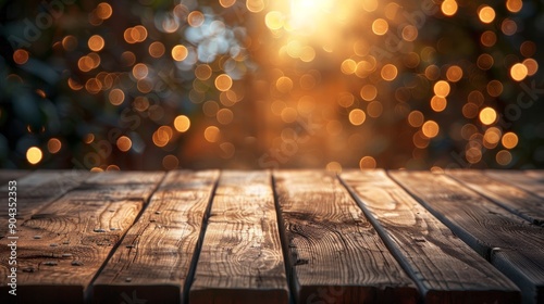 Wooden table against abstract blurred bokeh background during golden hour