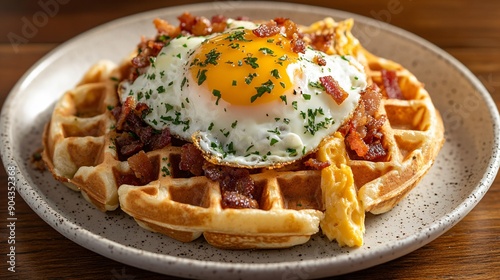 Belgian waffles topped with a fried egg, cheddar cheese, and crispy bacon bits