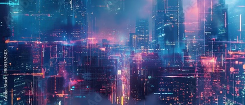 Futuristic Cityscape with Neon Glitches