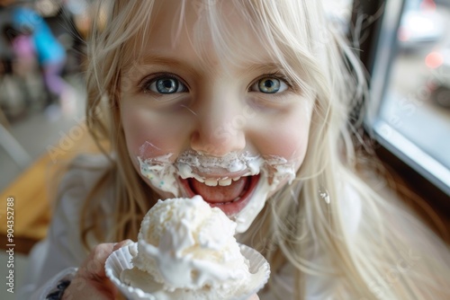 Cute girl silvery hair enjoys sunny day exuding happiness. Child relishes the taste of cold creamy ice cream.  Her playful demeanor reflects unbridled happiness of child's imagination. photo