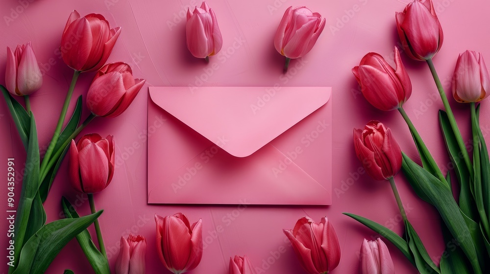 Pink envelope surrounded by fresh tulip flowers on a vibrant background Pink envelope surrounded by fresh tulip flowers on a vibrant background
