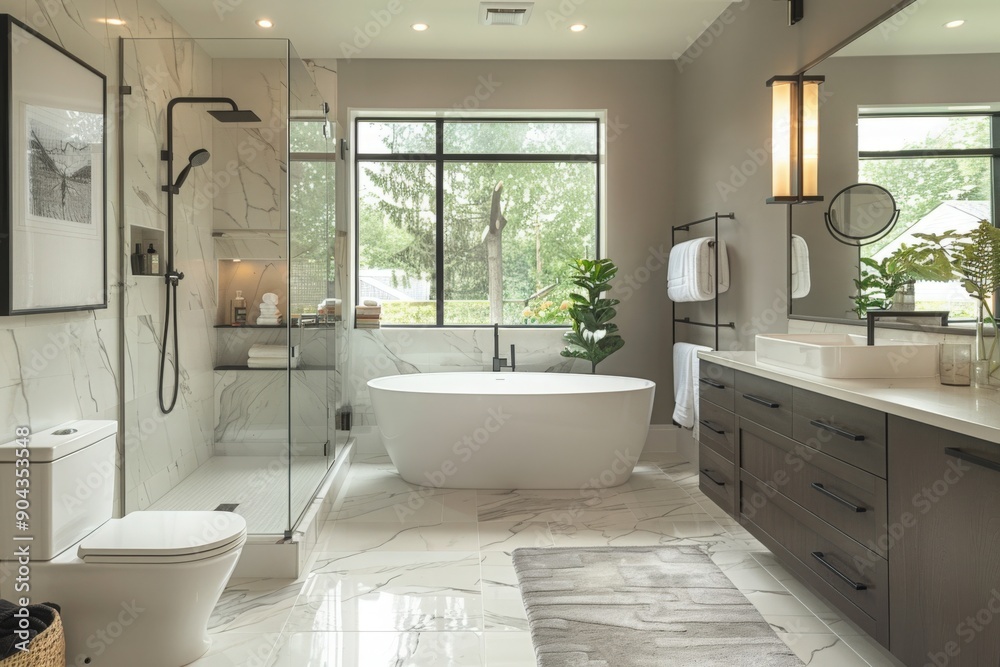 A modern bathroom featuring a freestanding tub, a large window with a view of trees, and a glass-enclosed shower A modern bathroom featuring a freestanding tub, a large window with a view of trees, and a glass-enclosed shower