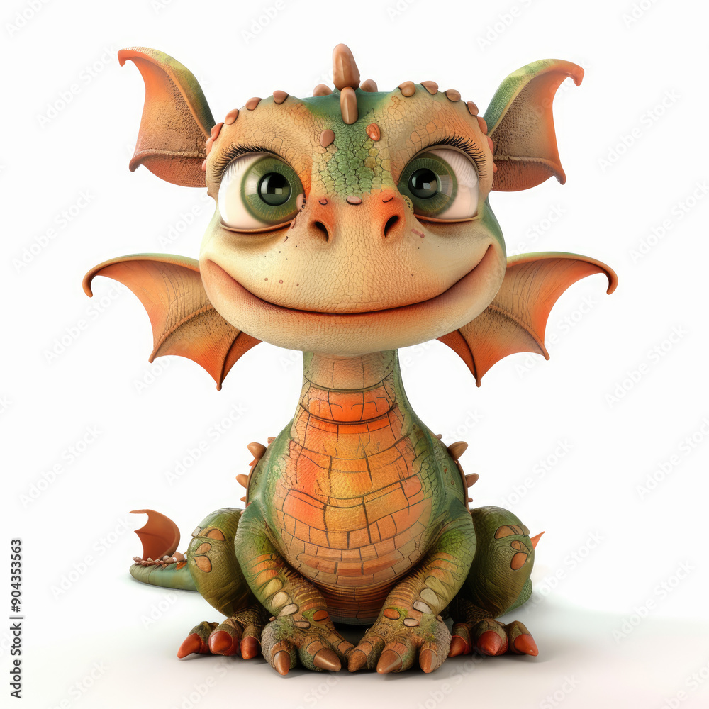 Fototapeta premium 3D funny cartoon little dragon close-up, isolated, on a white background. Character, illustration, print on fabric, paper, children's room interior decor, children's toy design.