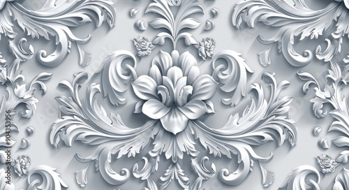 Graphic pattern for fabric, wallpaper, packaging, ornate Damask flower ornament. Baroque wallpaper with seamless background. White and grey floral ornament.