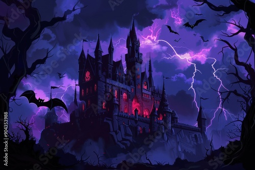 A dark, ominous castle with bats flying around, set against a stormy night sky with lightning