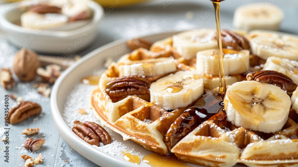 Belgian waffles topped with pecans, banana slices, and a drizzle of maple syrup Belgian waffles topped with pecans, banana slices, and a drizzle of maple syrup