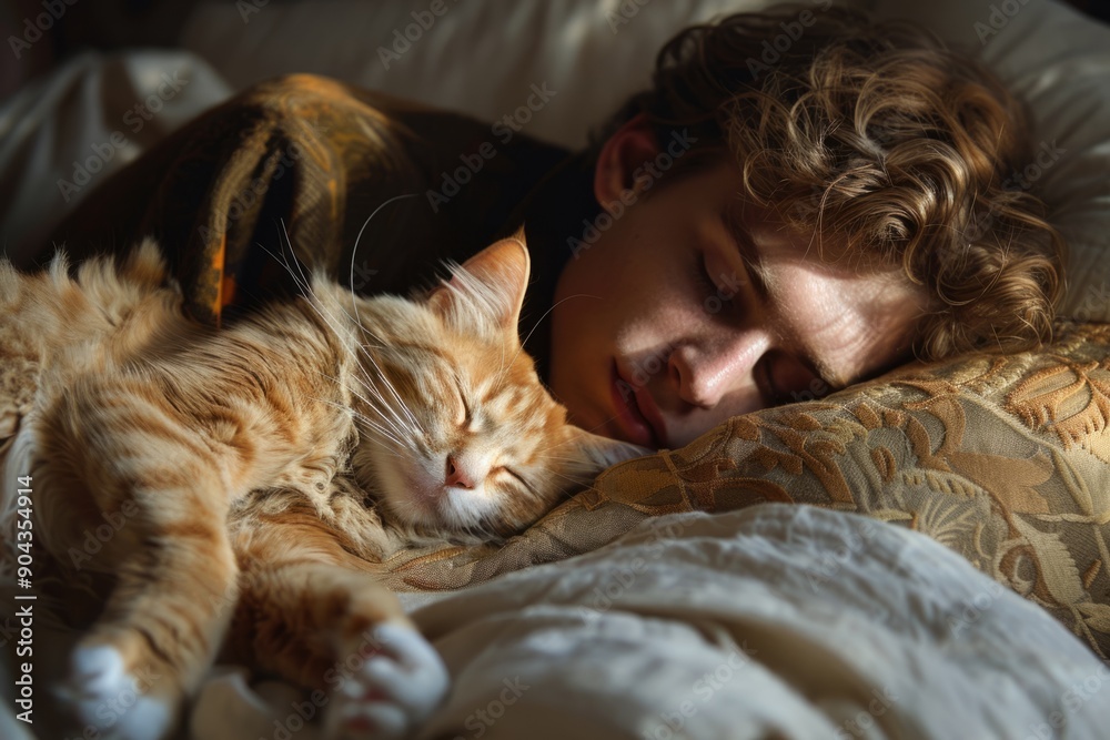 Young man sleeping peacefully in bed with his cat