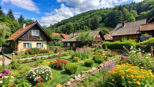 Charming cottages nestled amidst lush gardens.