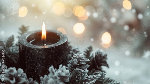 Christmas black candle in a fir wreath.