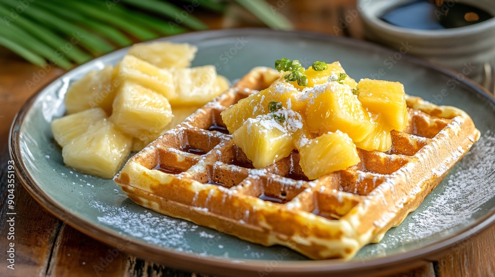 Belgian waffles with a side of fresh pineapple chunks and a drizzle of coconut syrup Belgian waffles with a side of fresh pineapple chunks and a drizzle of coconut syrup