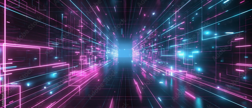 Bright Digital Wireframe with Neon Outlines Bright Digital Wireframe with Neon Outlines