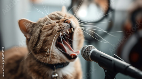 Close-up of a cat with mouth open in front of a microphone, appearing to be meowing or singing. The cat is wearing a collar, and the background is blurred. photo