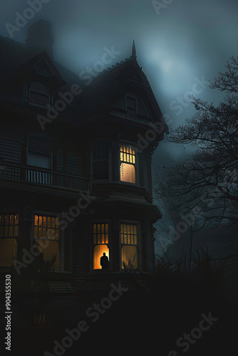 Old house with a Ghost in the forest at night or Abandoned Haunted Horror House in fog. Old mystic building in dead tree forest. Trees at night with moon. Surreal lights. Horror Halloween concept