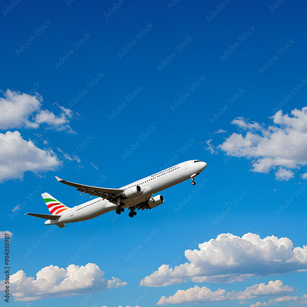 Obraz premium Landing airplane on the background of blue sky