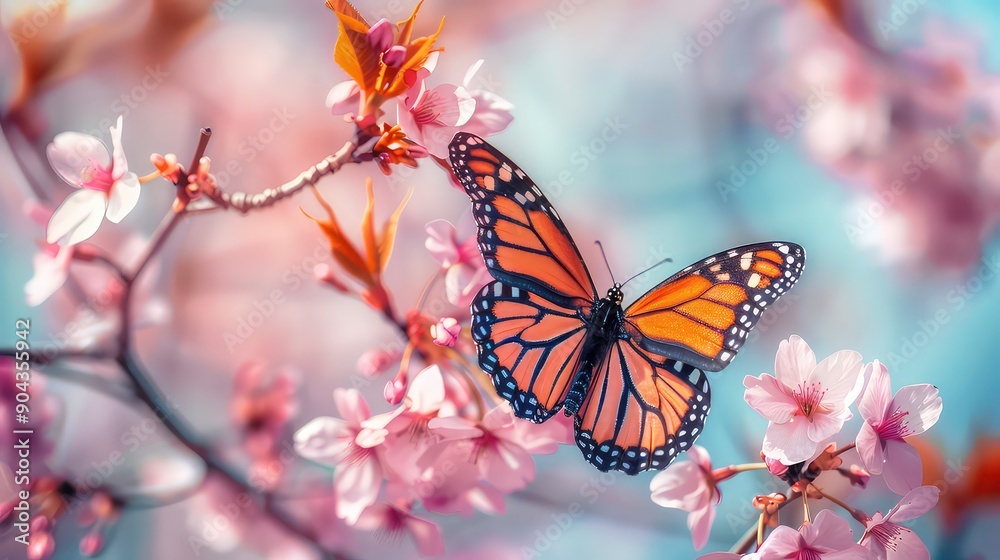 A monarch butterfly rests on a delicate pink blossom, showcasing the beauty of nature in bloom. A monarch butterfly rests on a delicate pink blossom, showcasing the beauty of nature in bloom.