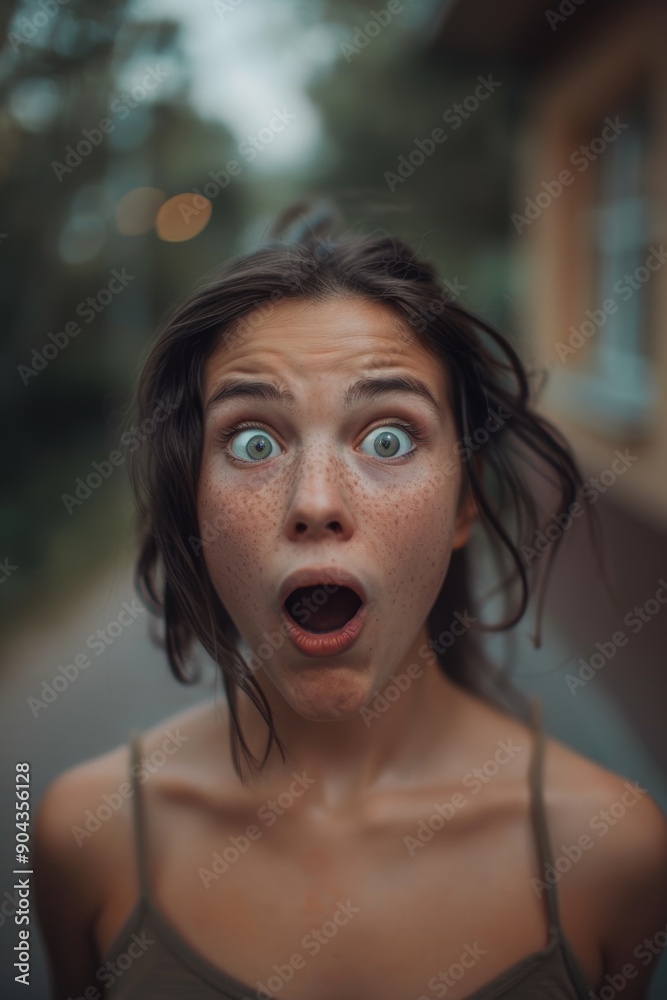 Surprised Woman with Wide Eyes and Open Mouth in Blurred Outdoor Setting - Stock Photo for Reactions Surprised Woman with Wide Eyes and Open Mouth in Blurred Outdoor Setting - Stock Photo for Reactions