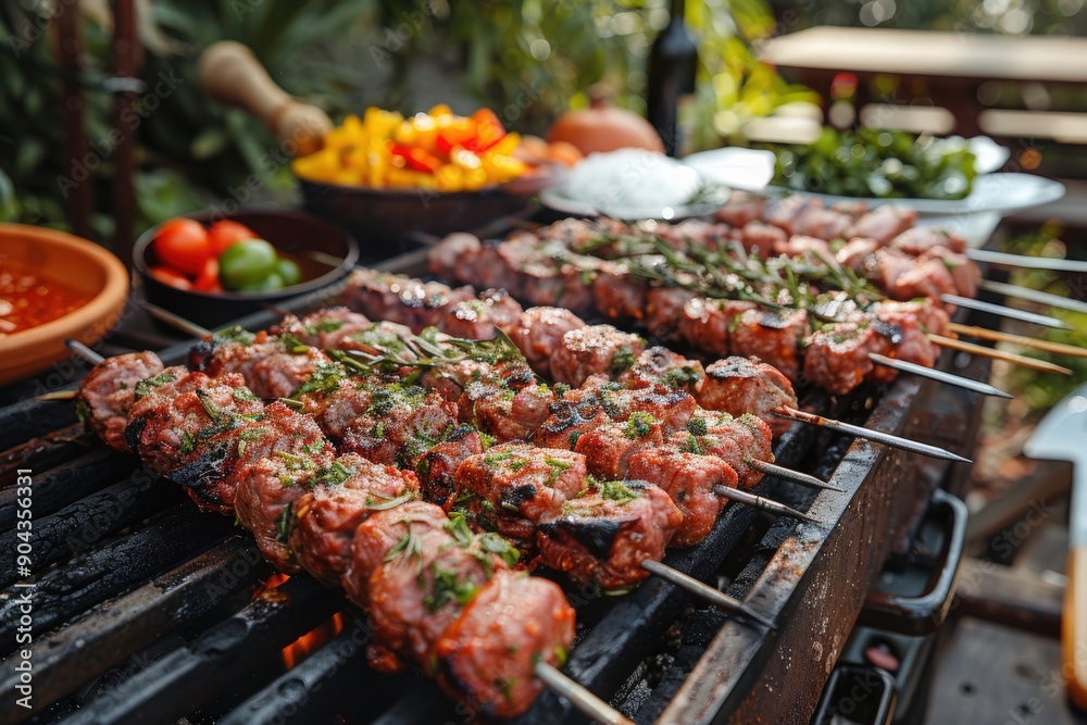Close-up of raw, marinated meat skewers on a hot grill, ready for a summer barbecue Close-up of raw, marinated meat skewers on a hot grill, ready for a summer barbecue