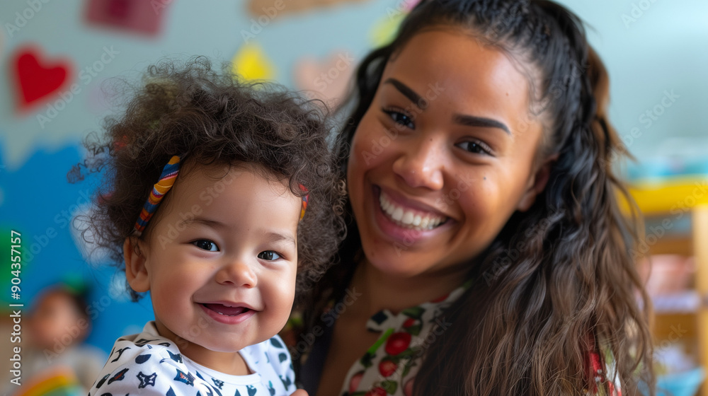 Fototapeta premium A smiling childminder in a professional setting works with a young child, which shows a positive work environment.