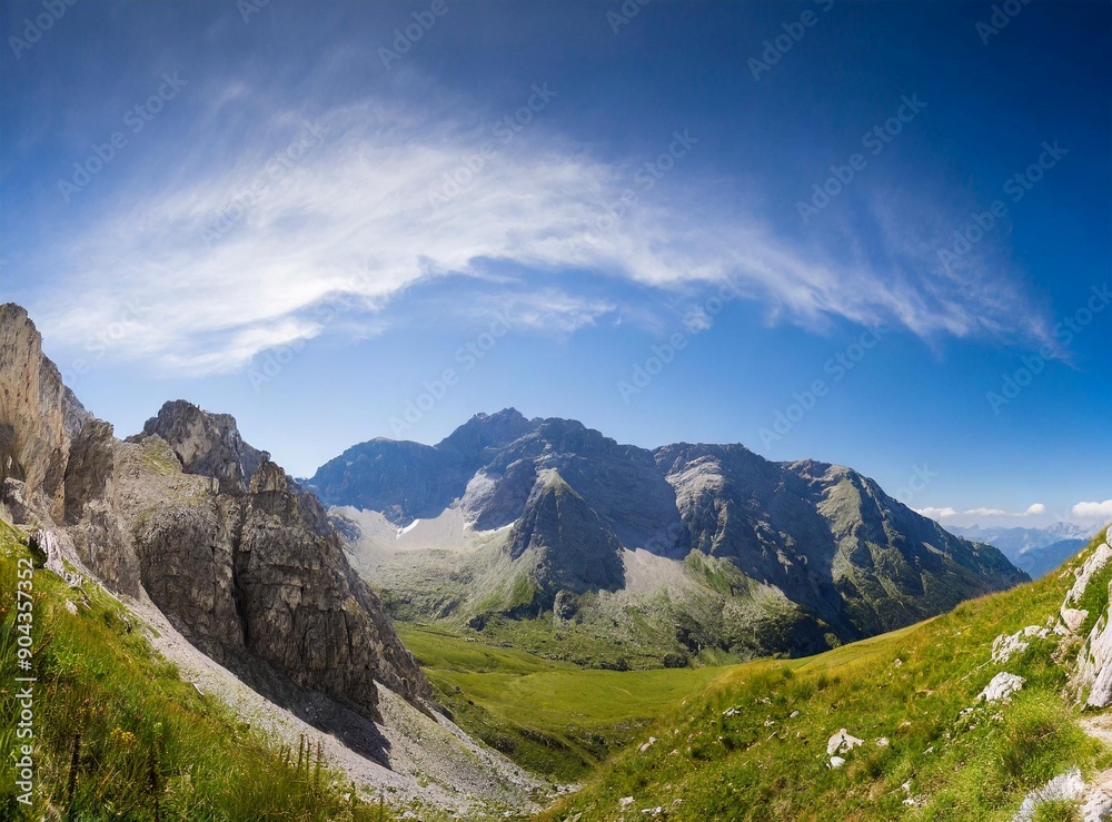 Panorama view with blue sky and grassy mountains Panorama view with blue sky and grassy mountains