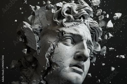 Marble statue with falling pieces. Greece culture, broken antique stone sculpture. Roman cracked ancient head. Old renaissance museum monument. Classical rome god portrait